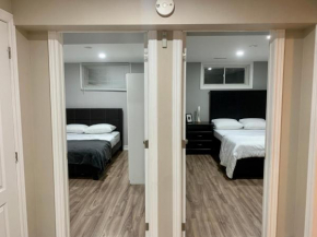 A bedroom in a basement